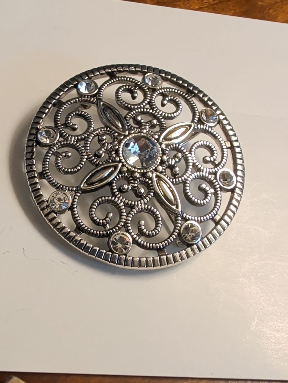 Premier Designs Brooch Pendant Silver Tone Filigree Faux Diamond box 2" Large